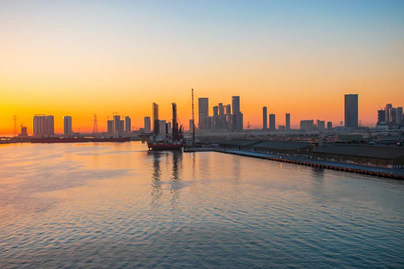 Abu Dhabi skyline at sunset