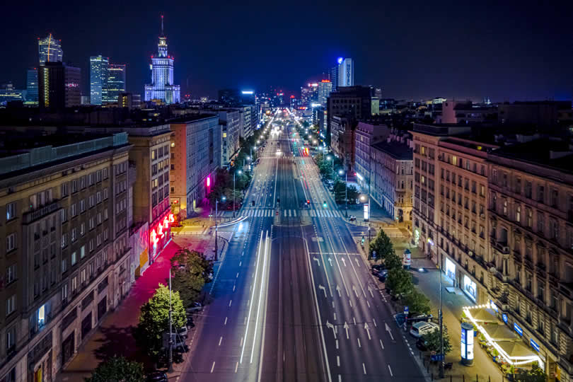 Aleje Jerozolimskie or Jerusalem Avenue in Warsaw at night
