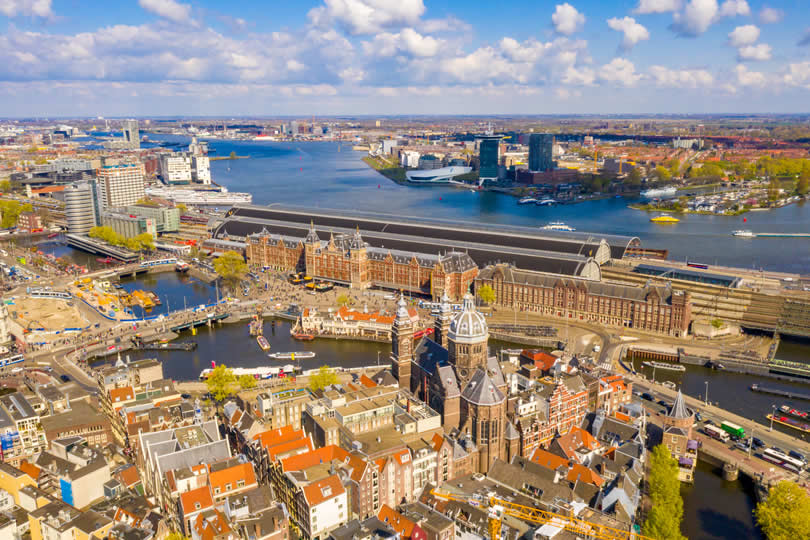 Aerial view of Amsterdam Central Station and Noord district