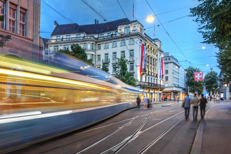 Bahnhofstrasse tram in Zurich at night