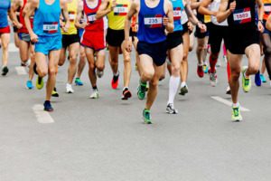 Marathon runners in city of Boston