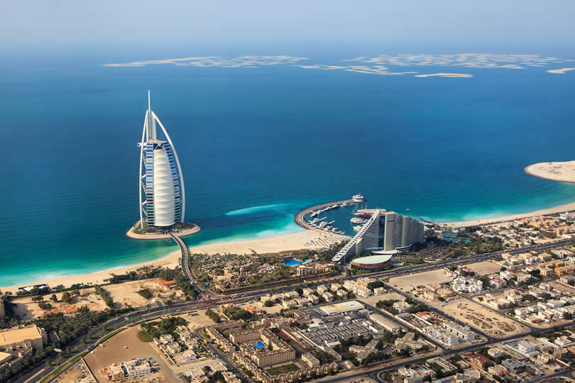Aerial view of Burj Al Arab Jumeirah resort in Dubai