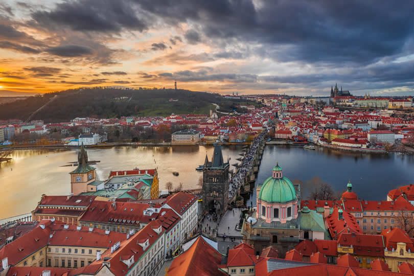 View from Old Town Prague to Charles Bridge and Mala Strana district