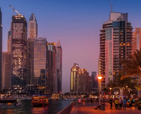 Dubai downtown waterfront in evening