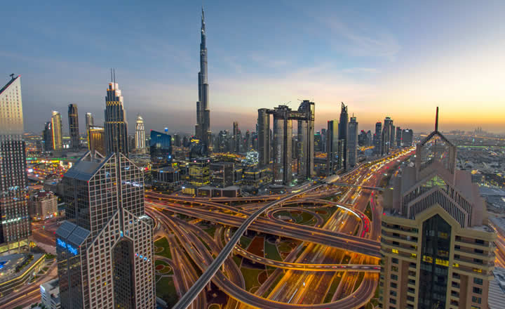 Dubai Downtown traffic and skyline