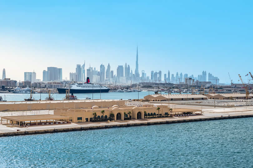 Dubai port with Queen Elizabeth 2 cruise ship hotel