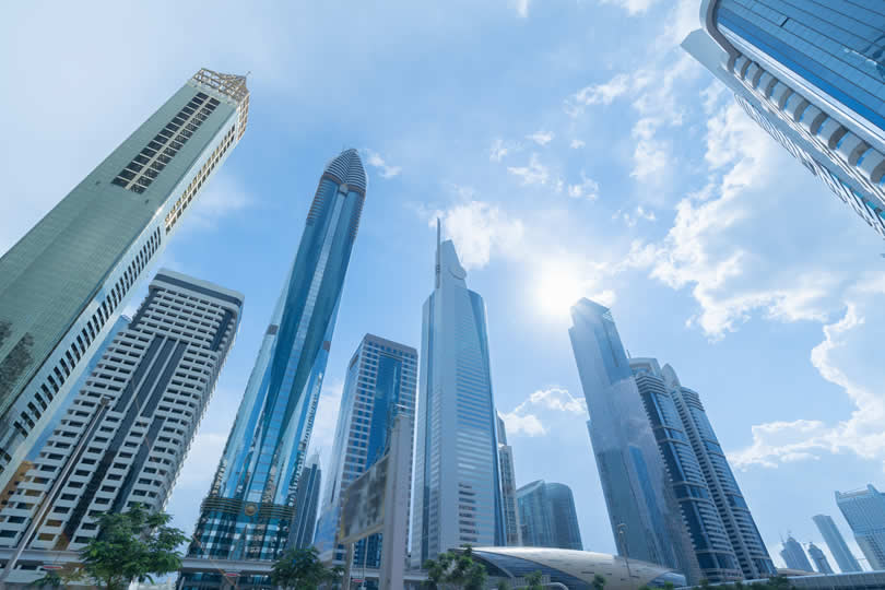 Dubai skyscrapers and Gevora Hotel