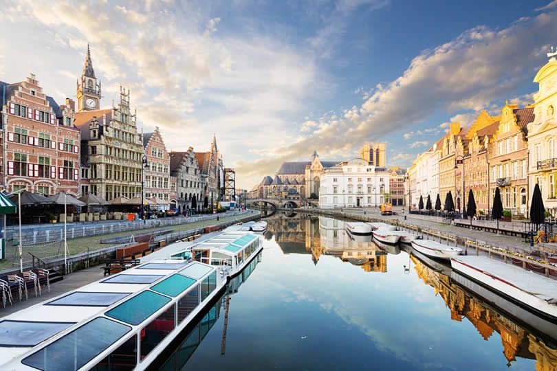 Embankment along the Leie river in the city of Ghent, Belgium