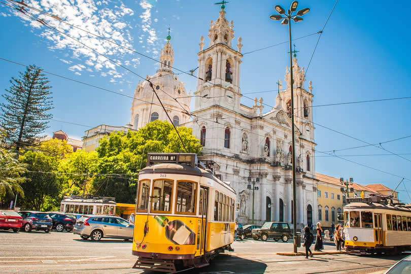 Yellow trams in Lisbon city center