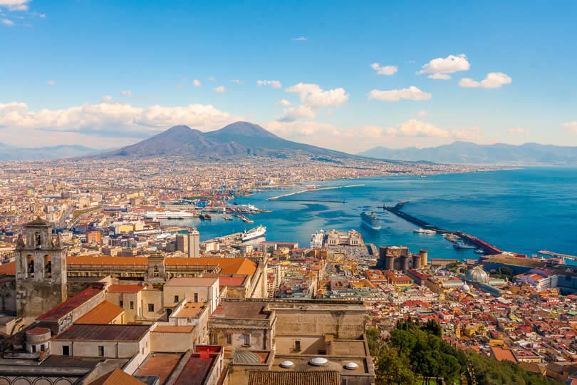 Naples city centre, port and Mt Vesuvius