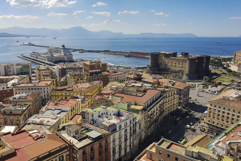 Naples aerial view of port and Castel Nuovo
