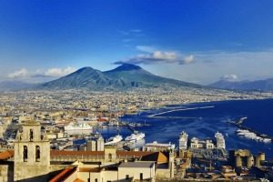 Naples Italy harbor and Vesuvius view