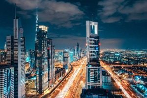 Nighttime skyline and skyscrapers in Dubai