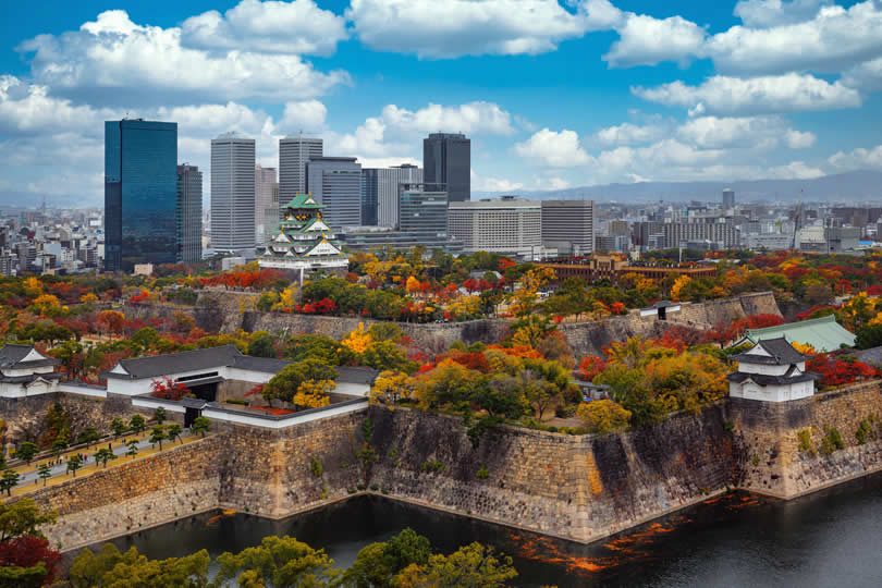 Osaka Castle and hotels aerial view