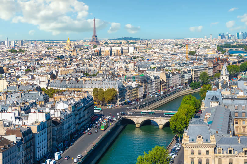 Paris aerial view of Seine and Eiffel Tower