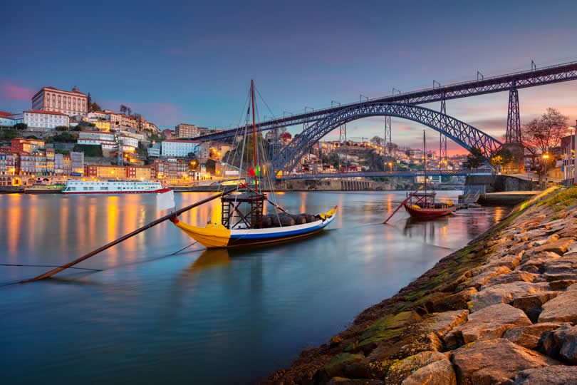Douro River and Porto city centre at night