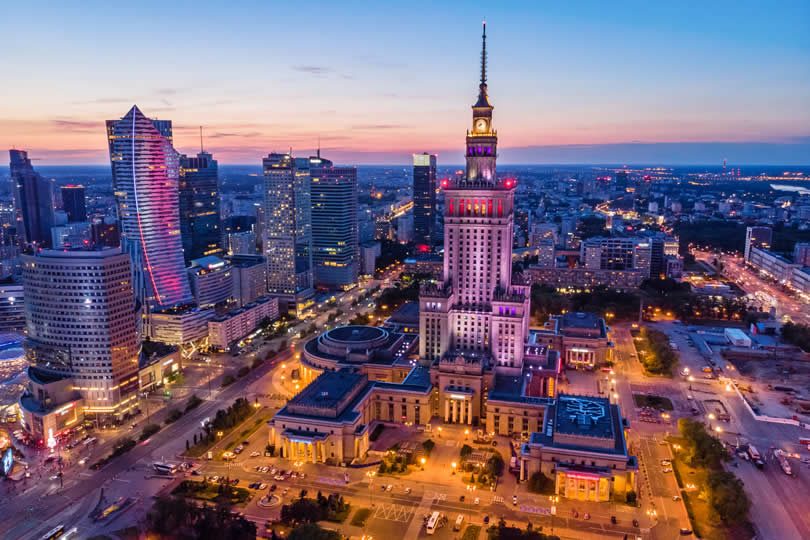 Warsaw city centre in the evening
