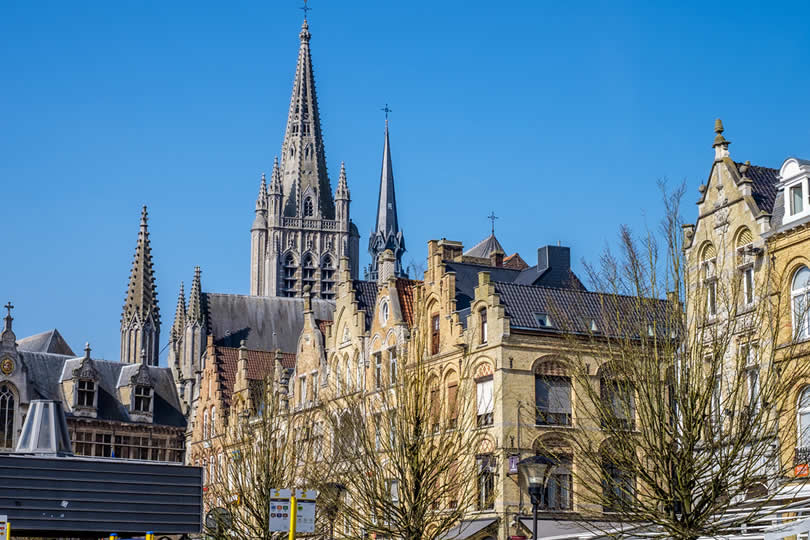 Typical houses and church in Ypres